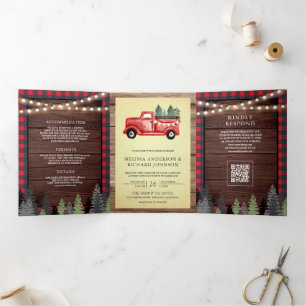 Invitation Trois Volets Camion de Noël Rouge Vintage Code QR Mariage Bois