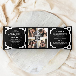 Invitation Trois Volets Carré Art Déco Cadre noir blanc QR Code Mariage