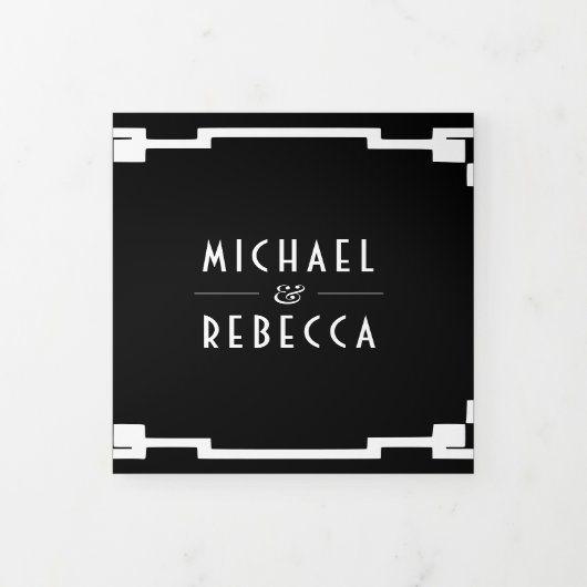 Invitation Trois Volets Carré Art Déco Cadre noir blanc QR Code Mariage (Protection)