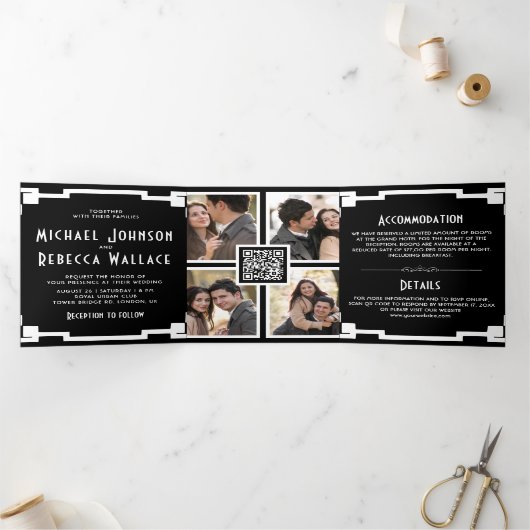 Invitation Trois Volets Carré Art Déco Cadre noir blanc QR Code Mariage (Intérieur)