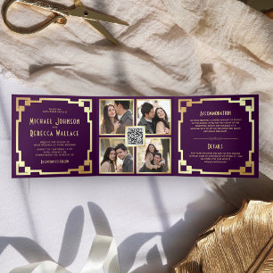 Invitation Trois Volets Carré Art Déco Cadre Purple Gold QR Code Mariage