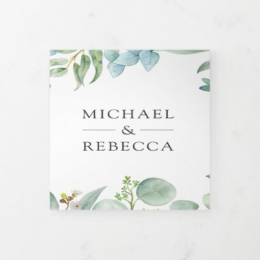 Invitation Trois Volets Carré Eucalyptus Frame QR Code Mariage (Protection)