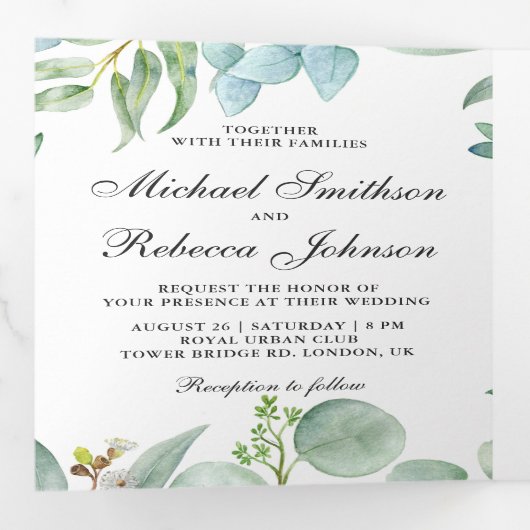 Invitation Trois Volets Carré Eucalyptus Frame QR Code Mariage (Intérieur en premier)