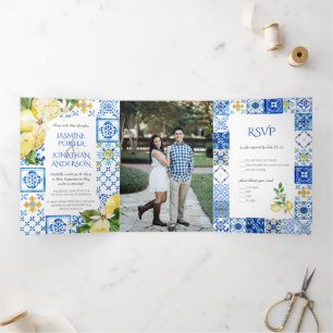 Invitation Trois Volets Carreaux bleu méditerranéen / Mariage citrons jaun
