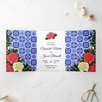Invitation Trois Volets Carrelage mexicain Coral et crème Rose Mariage