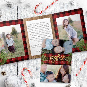 Invitation Trois Volets Carte photo Cosy Chic Rouge Plaid Gold Christmas