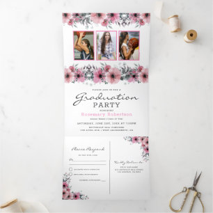 Invitation Trois Volets Catégorie 2025   Floral 2 en 1 Graduation Party