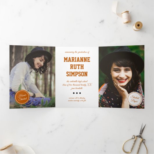 Invitation Trois Volets Cercles orange brûlés 5-Photo Graduation (Intérieur)