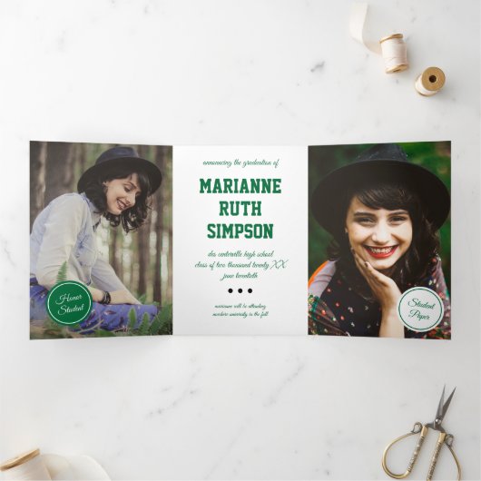 Invitation Trois Volets Cercles verts 5-Photo Graduation (Intérieur)