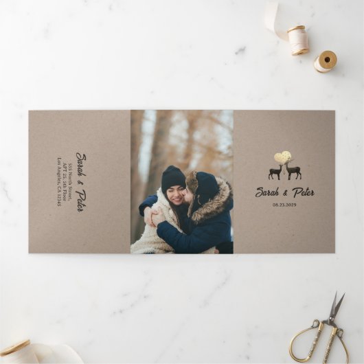 Invitation Trois Volets Cerf Amour Rustique Automne Hiver Code QR Mariage (Extérieur)