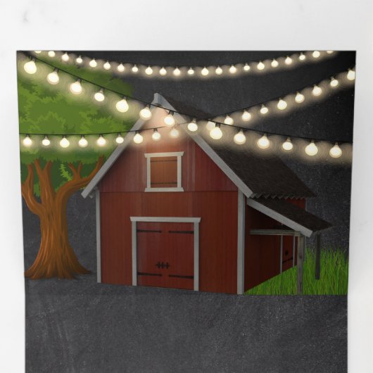 Invitation Trois Volets Chalkboard Farm Red Barn String Lights Mariage (Intérieur en premier)