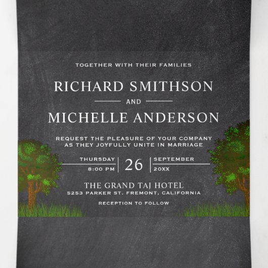 Invitation Trois Volets Chalkboard Farm Red Barn String Lights Mariage (Intérieur au milieu)