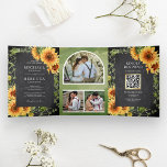 Invitation Trois Volets Chalkboard Sunflowers Photo Arch Code QR Mariage<br><div class="desc">Éblouissez vos invités avec cette élégante invitation de mariage tout en un avec de beaux tournesols et de la typographie moderne avec carte RSVP en ligne. Ajoutez simplement les détails de votre événement sur ce modèle facile à utiliser et ornez cette carte avec vos photos préférées pour en faire une...</div>