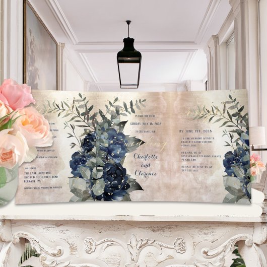 Invitation Trois Volets Champagne Gold Navy Blue Peony Eucalyptus Mariage