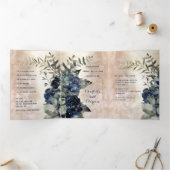 Invitation Trois Volets Champagne Gold Navy Blue Peony Eucalyptus Mariage (Intérieur)