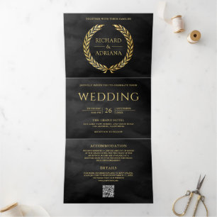 Invitation Trois Volets Charbon Grise Or Laurier Minimal Code QR Mariage