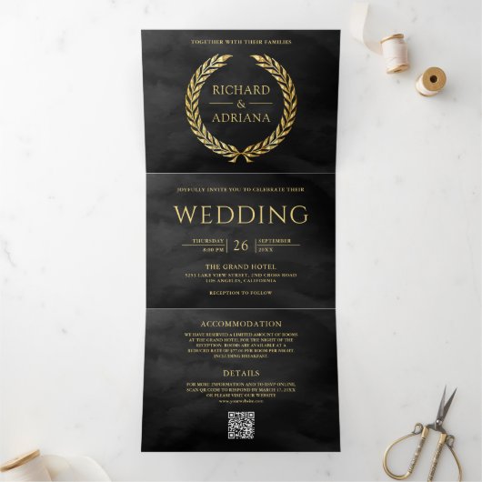 Invitation Trois Volets Charbon Grise Or Laurier Minimal Code QR Mariage (Intérieur)