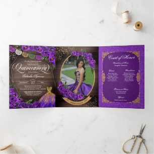 Invitation Trois Volets Charro Purple Roses Pays Ajouter Photo Quinceañera