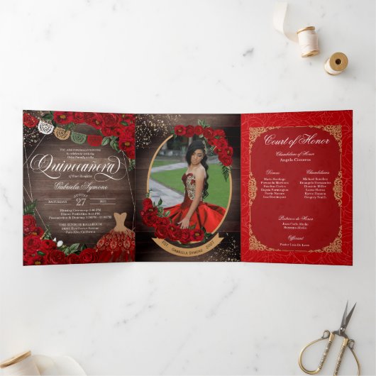 Invitation Trois Volets Charro Red Roses Gold Ajouter Vos Photos Quinceañe (Intérieur)