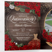 Invitation Trois Volets Charro Red Roses Gold Ajouter Vos Photos Quinceañe (Intérieur en premier)