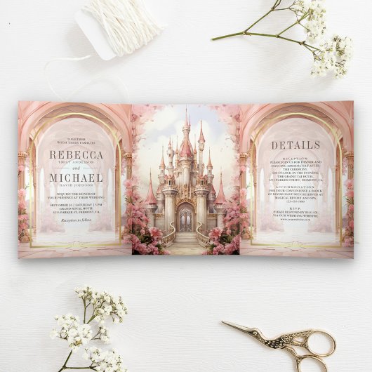Invitation Trois Volets Château de conte rose Floral en un seul Mariage