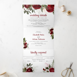 Invitation Trois Volets Chic Bourgogne & Blanc Floral Élégant Mariage