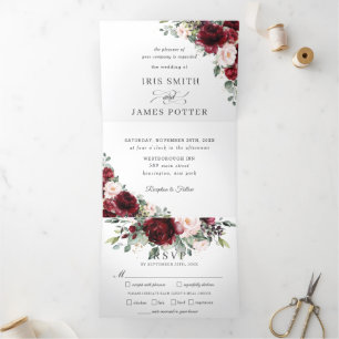 Invitation Trois Volets Chic Bourgogne Blush Floral Greenery Wedding RSVP