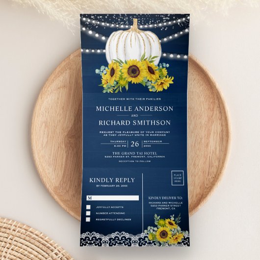 Invitation Trois Volets Citrouille blanc Mariage bleu marine