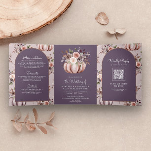 Invitation Trois Volets Citrouille neutre Floral QR Code Pale Purple Maria