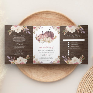 Invitation Trois Volets Citrouille rose Dusty  ivoire Mariage en bois fleu