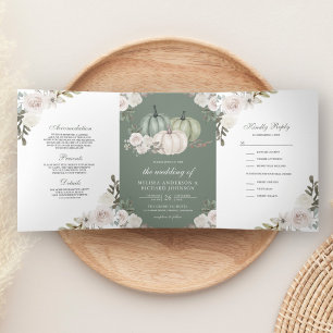 Invitation Trois Volets Citrouille vert Sage et Mariage floral blanc