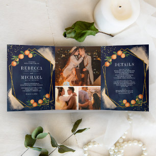 Invitation Trois Volets Citrus Orange Gold Navy Blue Photo Collage Mariage