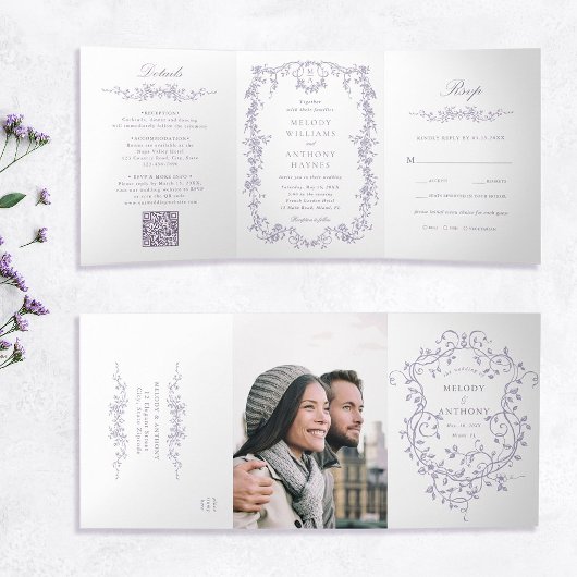 Invitation Trois Volets Classic French Victorian Lavender Floral Wedding