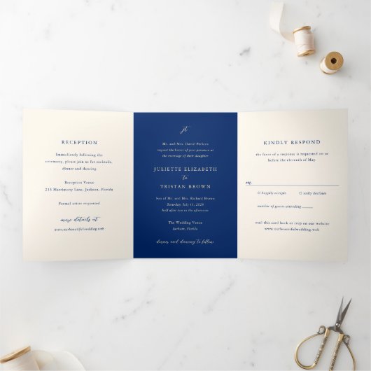 Invitation Trois Volets Classic Navy and Cream Elegant All In One Wedding (Intérieur)