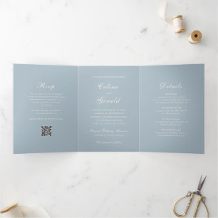Invitation Trois Volets Classique bleu rouillé QR Code élégant mariage