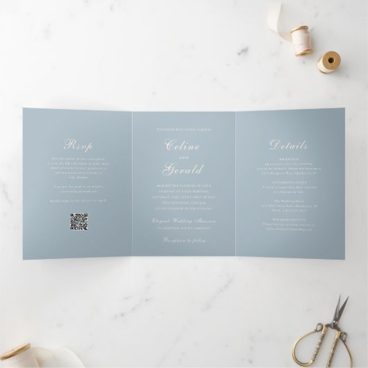 Invitation Trois Volets Classique bleu rouillé QR Code élégant mariage (Intérieur)