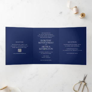 Invitation Trois Volets Code QR bleu marine moderne Mariage élégant