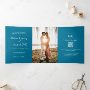 Invitation Trois Volets Code QR bleu moderne mariage simple
