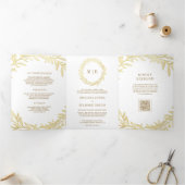 Invitation Trois Volets Code QR Branche Feuille d'Or Blanc Mariage (Intérieur)