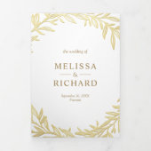 Invitation Trois Volets Code QR Branche Feuille d'Or Blanc Mariage (Page de couverture)