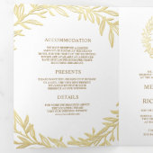 Invitation Trois Volets Code QR Branche Feuille d'Or Blanc Mariage (Intérieur en premier)