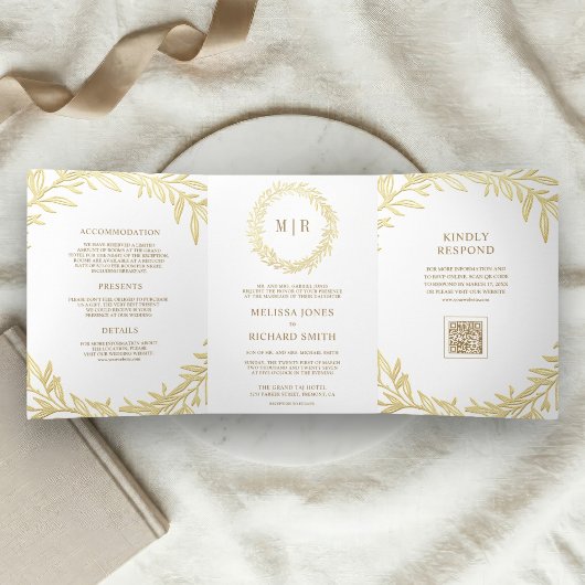 Invitation Trois Volets Code QR Branche Feuille d'Or Blanc Mariage
