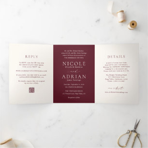 Invitation Trois Volets Code QR Burgundy Classique Mariage Élégant