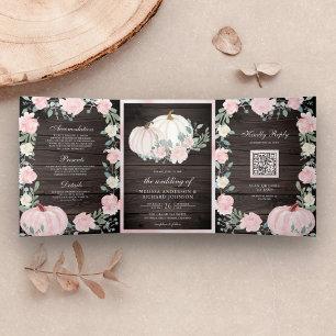 Invitation Trois Volets Code QR Citrouille Florale Rose Fardé Mariage en B