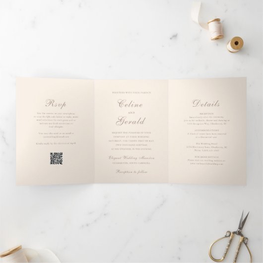 Invitation Trois Volets Code QR classique neutre Sandy Mariage élégant (Intérieur)