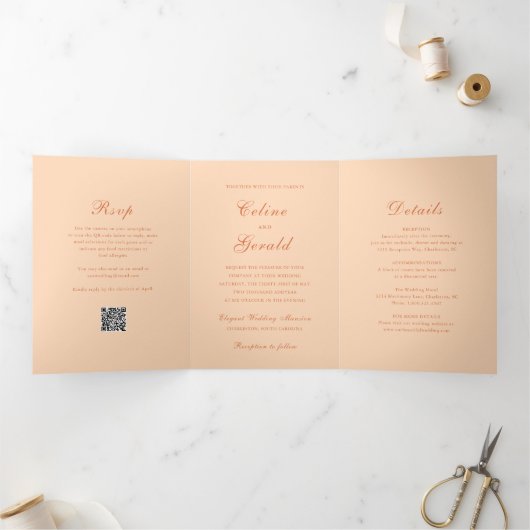 Invitation Trois Volets Code QR Classique Péché Mariage Élégant (Intérieur)