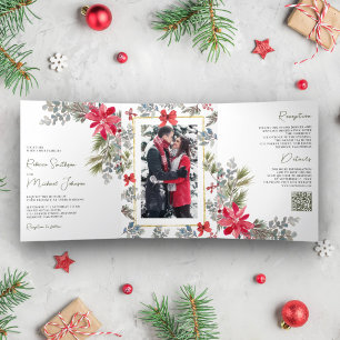 Invitation Trois Volets Code QR de fleurs de Poinsettia pour mariage de No
