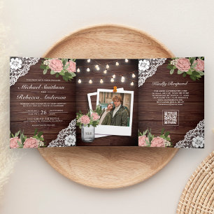 Invitation Trois Volets Code QR de guirlandes de lumières rose poussiéreus