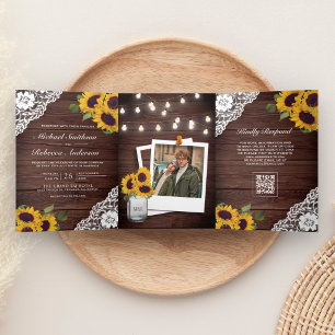 Invitation Trois Volets Code QR de guirlandes de tournesols en dentelle de