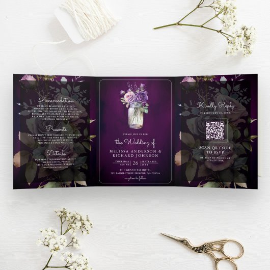 Invitation Trois Volets Code QR de jar Mason floral violet foncé pour mari